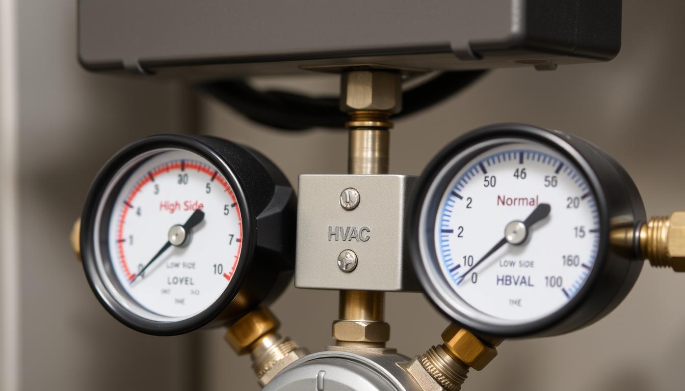 AC system pressure gauge showing high side and low side readings