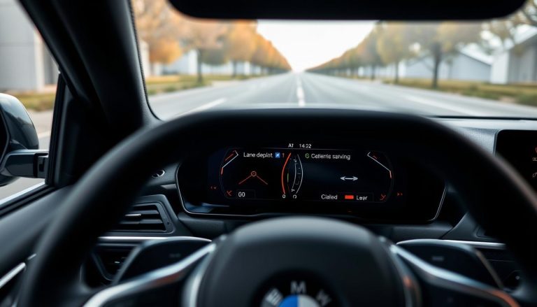 BMW Active Driving Assistant system displayed on dashboard with safety features highlighted