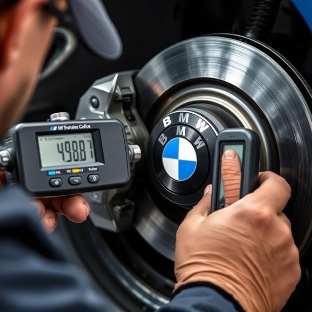 BMW brake inspection showing pad wear measurement