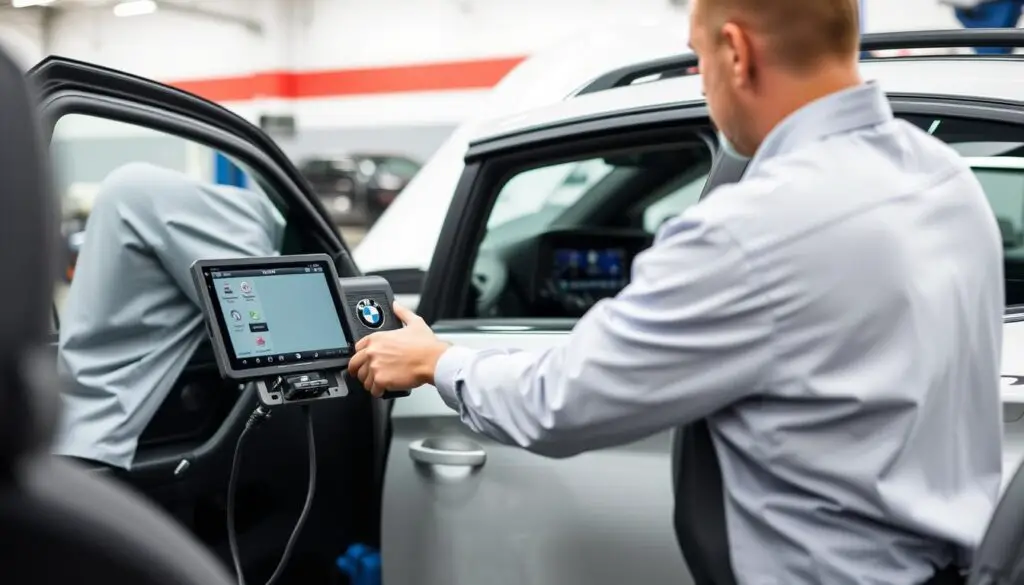 BMW technician updating iDrive software at dealership