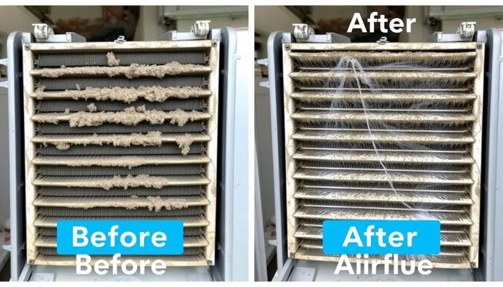 Before and after cleaning of a dirty condenser coil Before and after cleaning of a dirty condenser coil