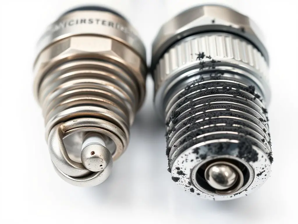 Carbon fouled spark plug compared to clean spark plug showing black carbon deposits