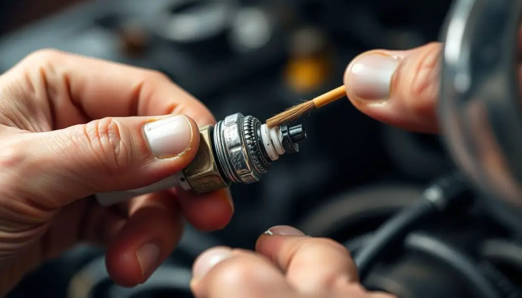 Cleaning carbon fouled spark plugs with wire brush and solvent Cleaning carbon fouled spark plugs with wire brush and solvent