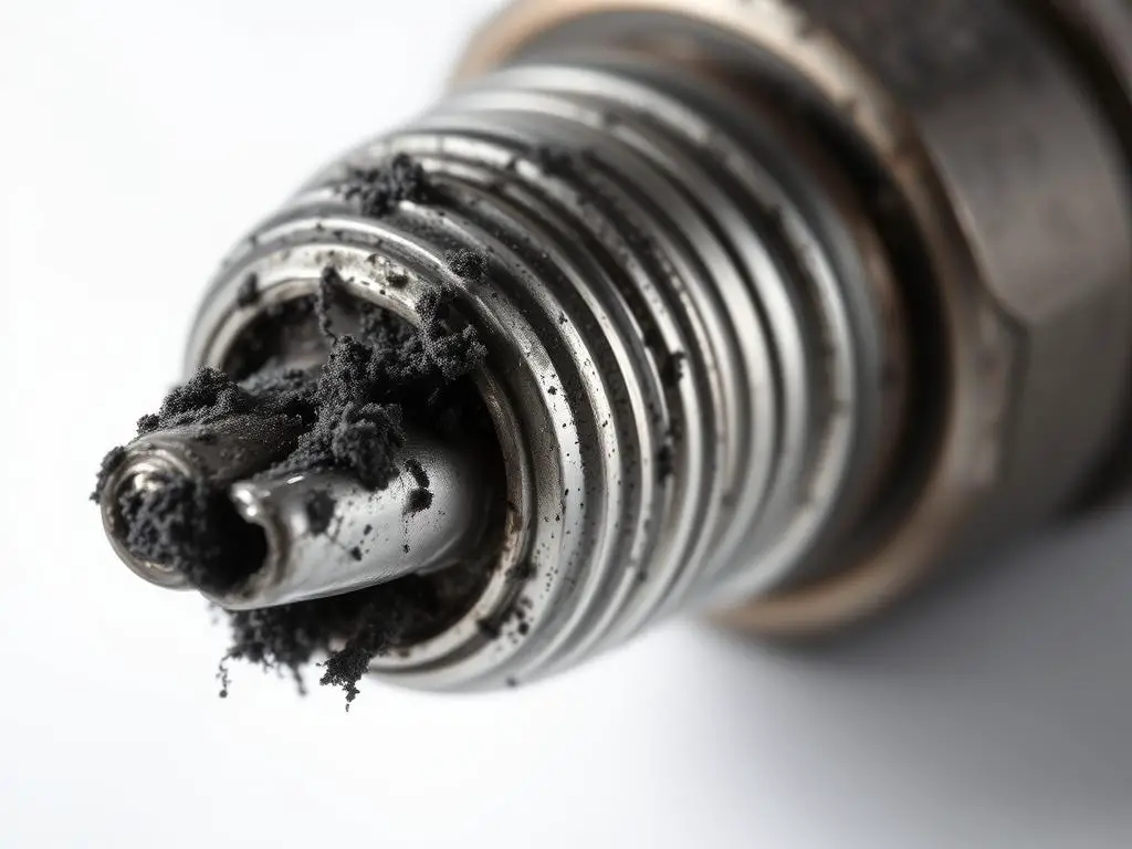 Close-up of carbon fouled spark plug showing black deposits on electrode Close-up of carbon fouled spark plug showing black deposits on electrode