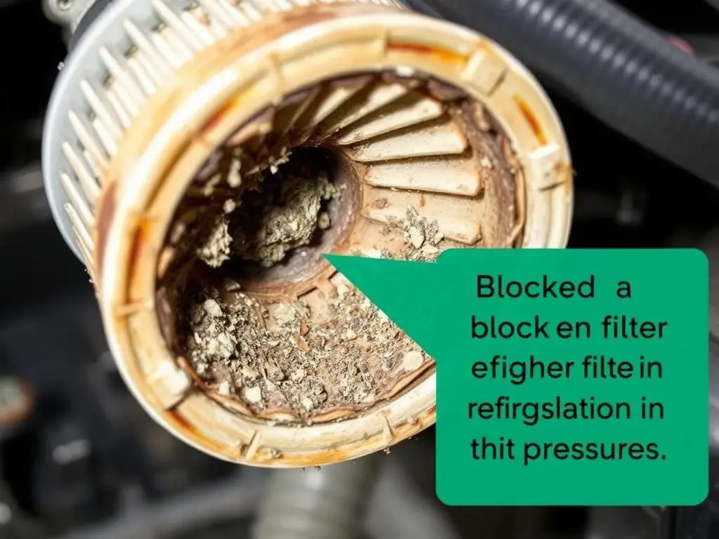 Cut-open filter drier showing blockage causing low high side pressure Cut-open filter drier showing blockage causing low high side pressure