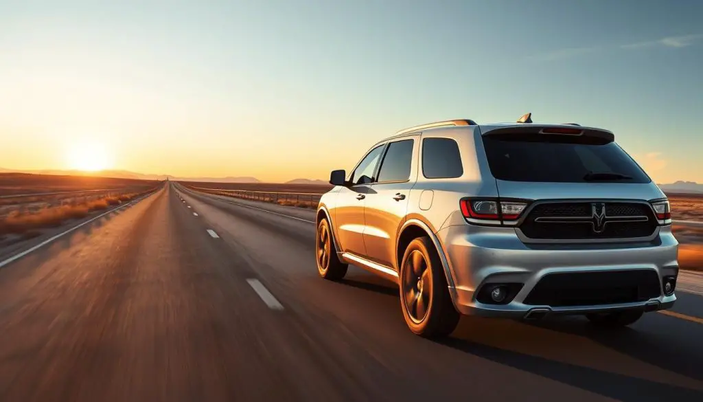 Dodge Durango driving on open road after successful refueling Dodge Durango driving on open road after successful refueling