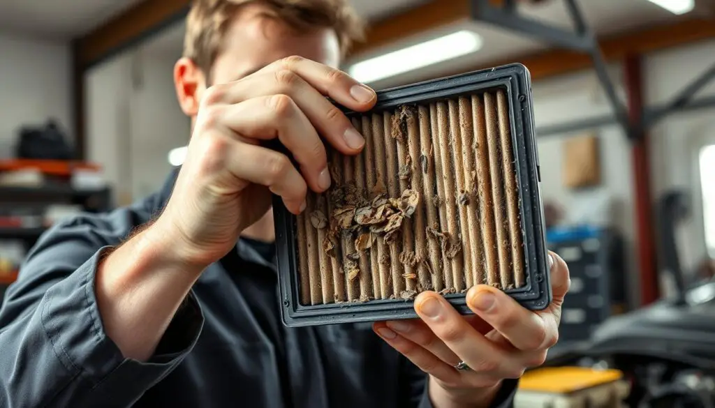 Mechanic checking a dirty air filter that can cause carbon fouled spark plugs Mechanic checking a dirty air filter that can cause carbon fouled spark plugs