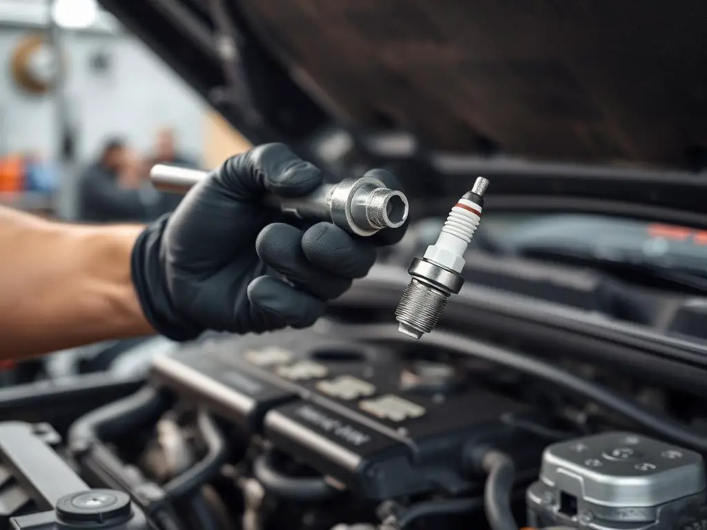 Mechanic removing spark plug from engine to check for carbon fouling Mechanic removing spark plug from engine to check for carbon fouling