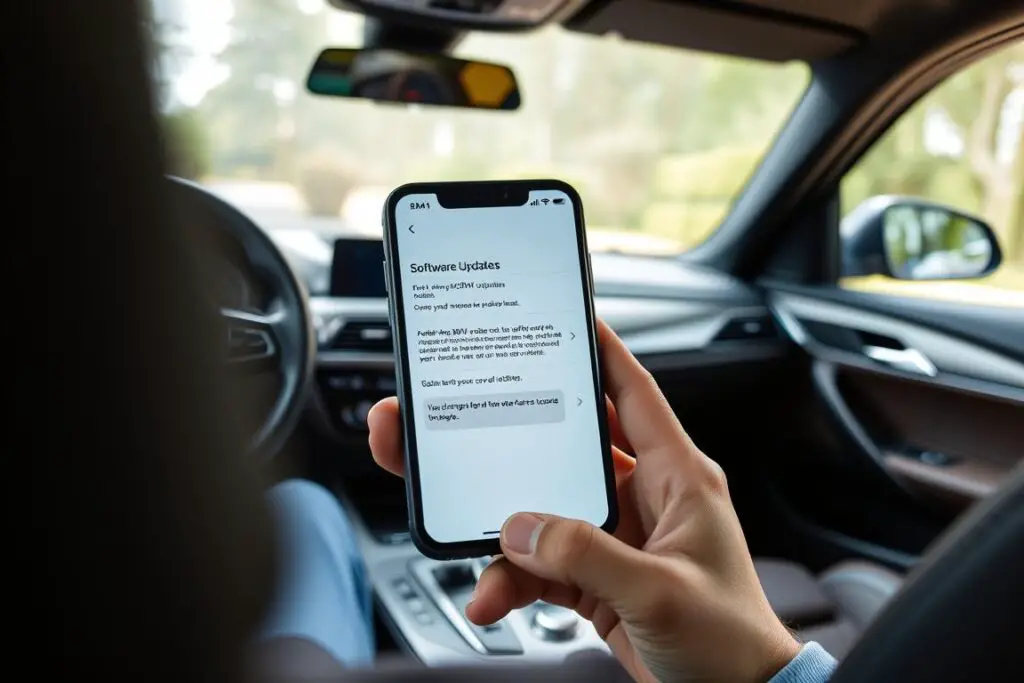 Person checking for BMW software updates on smartphone