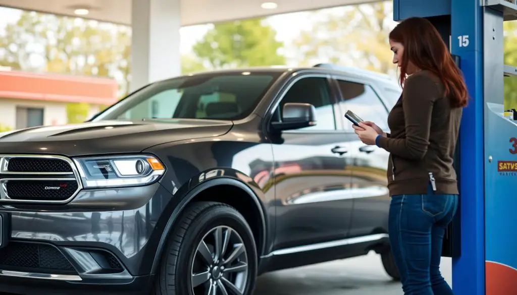 Person safely refueling a Dodge Durango with proper safety practices Person safely refueling a Dodge Durango with proper safety practices