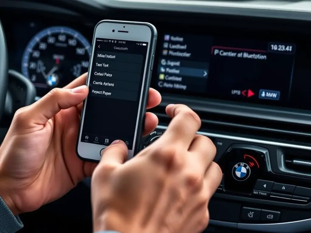 Person trying to connect phone to BMW Bluetooth system