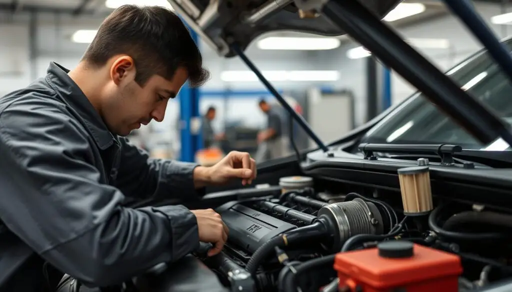 Regular maintenance being performed on a car engine to prevent carbon fouling Regular maintenance being performed on a car engine to prevent carbon fouling