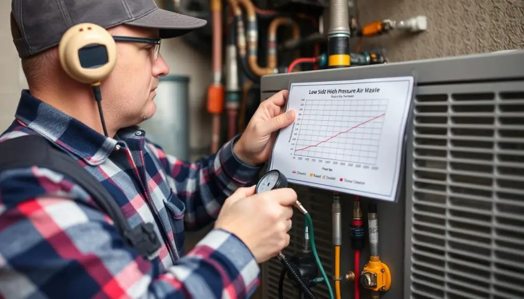 Technician diagnosing low high side AC pressure problem Technician diagnosing low high side AC pressure problem