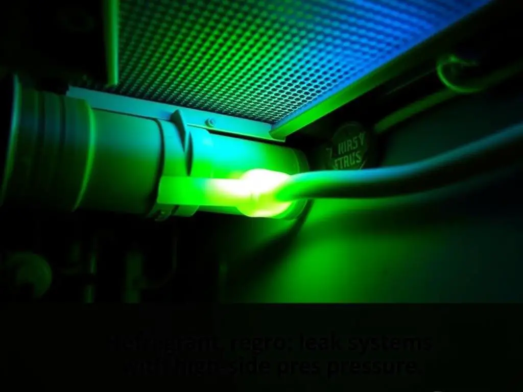 UV dye revealing refrigerant leak in AC system with low high side pressure UV dye revealing refrigerant leak in AC system with low high side pressure