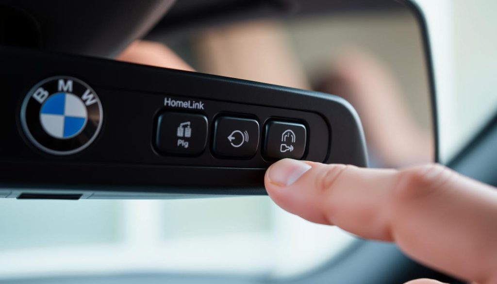 BMW HomeLink buttons on rearview mirror with finger pressing button BMW HomeLink buttons on rearview mirror with finger pressing button