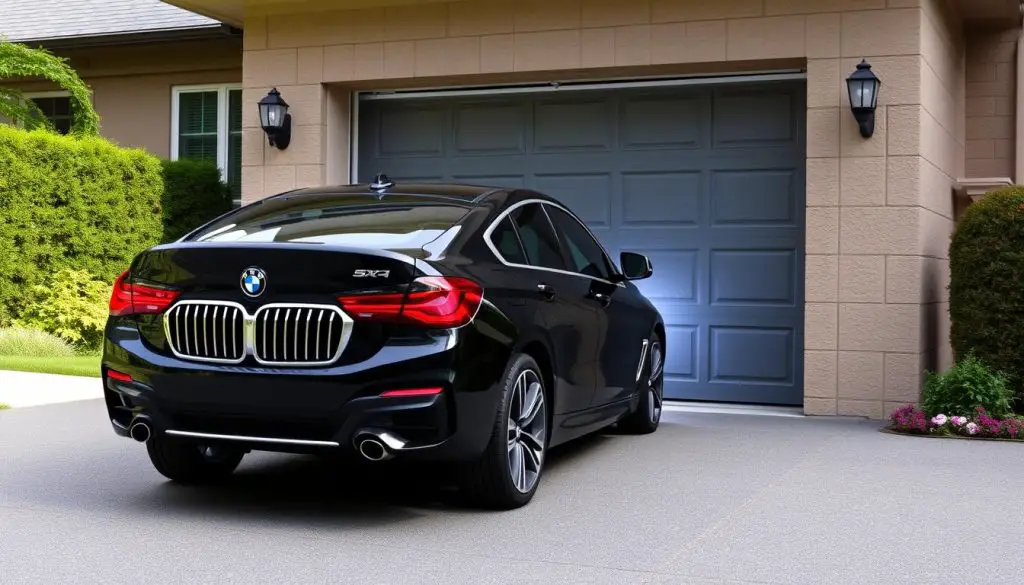 BMW approaching garage with automatic door opening feature BMW approaching garage with automatic door opening feature