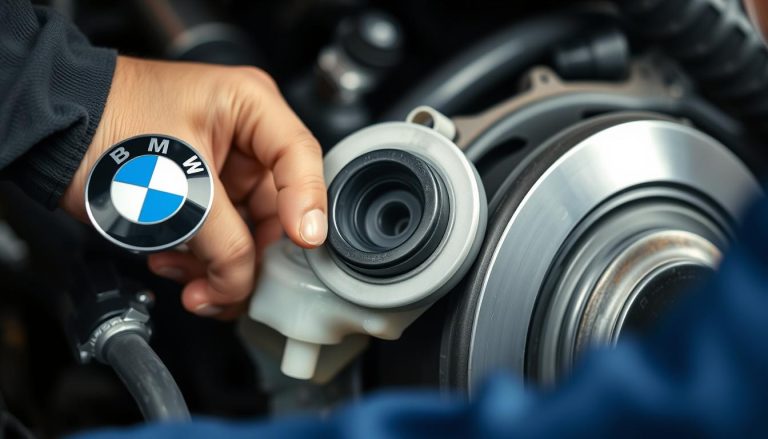 BMW brake fluid reservoir being checked during maintenance