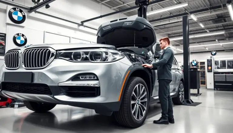 BMW service center technician performing an oil change on a BMW vehicle