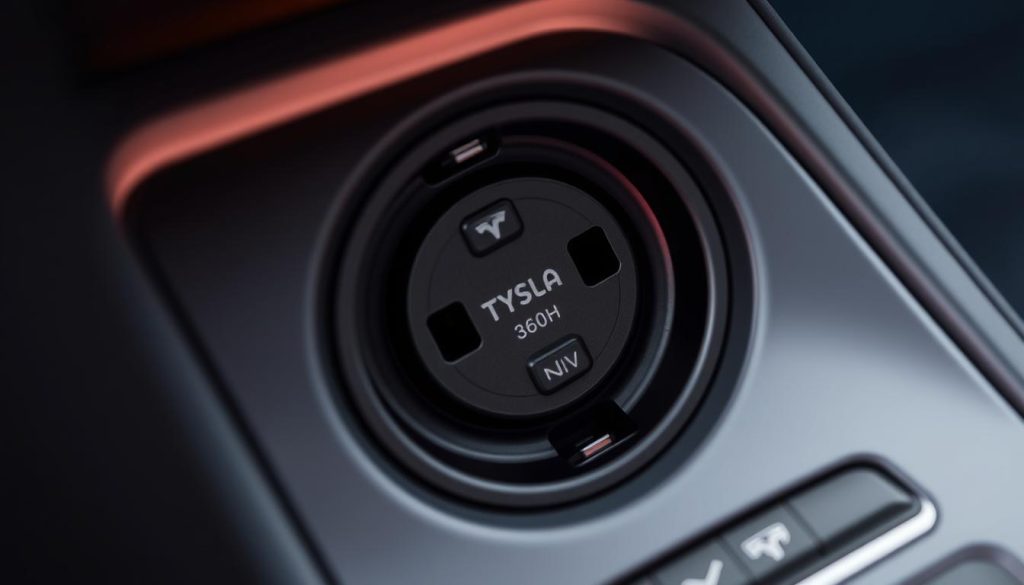Close-up view of the cigarette lighter socket in Tesla Model Y