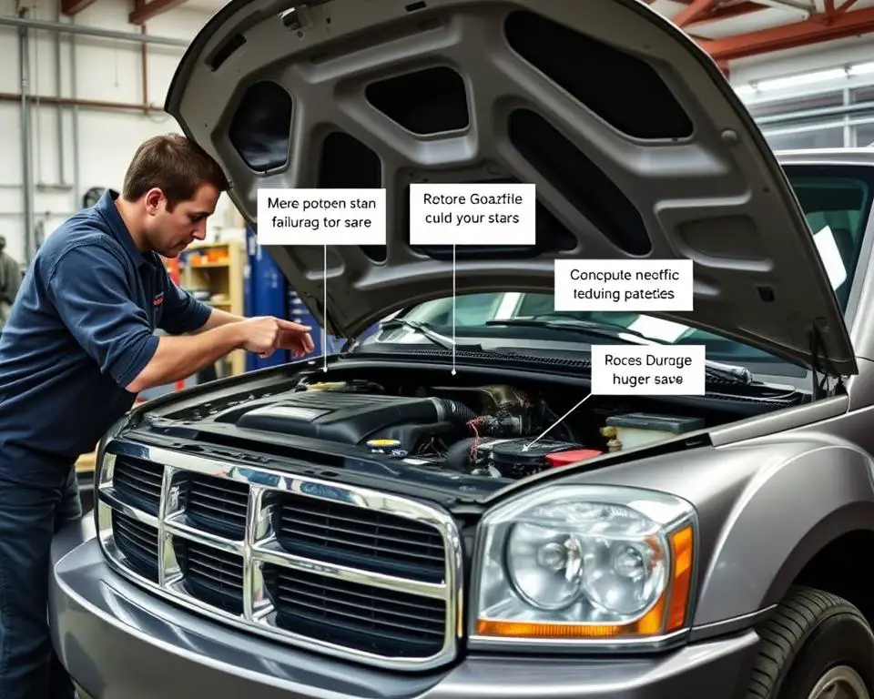 2005 Dodge Durango with hood open showing engine compartment where common failures occur 2005 Dodge Durango with hood open showing engine compartment where common failures occur