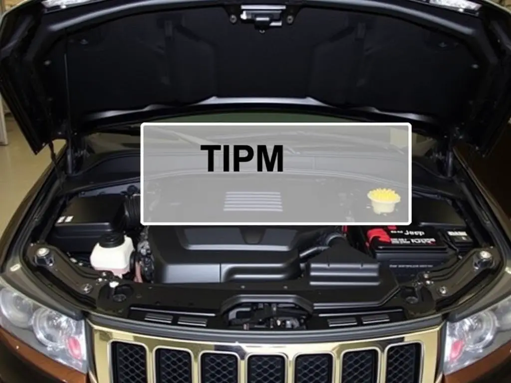 2011 Jeep Grand Cherokee with hood open showing the problematic TIPM location 2011 Jeep Grand Cherokee with hood open showing the problematic TIPM location