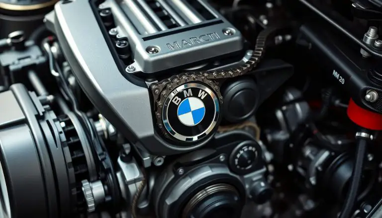 BMW N20 engine with timing chain components highlighted
