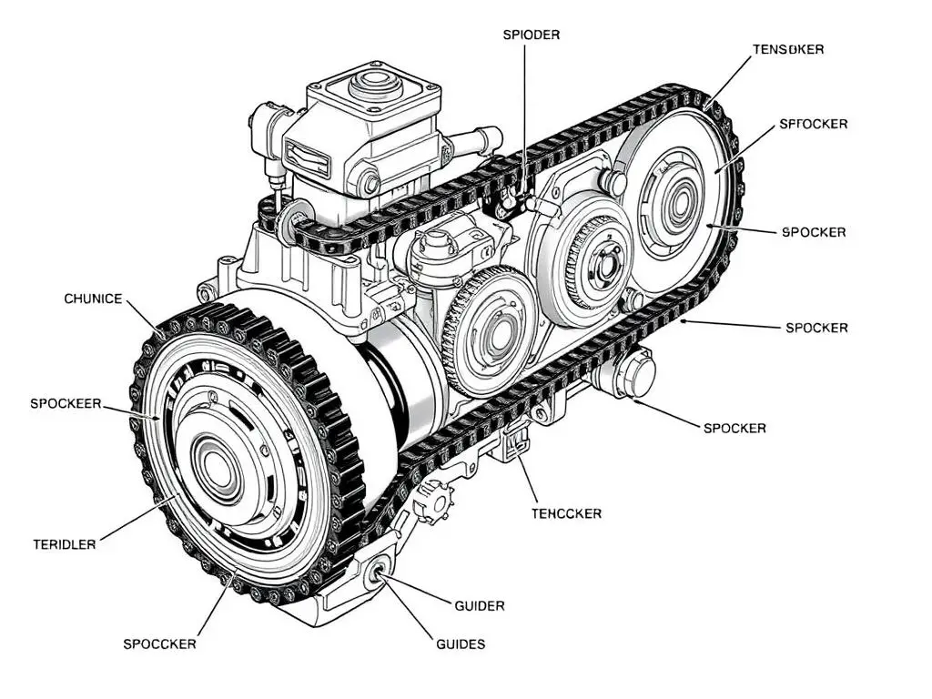 BMW N20 timing chain system diagram showing chain, guides, and tensioner BMW N20 timing chain system diagram showing chain, guides, and tensioner