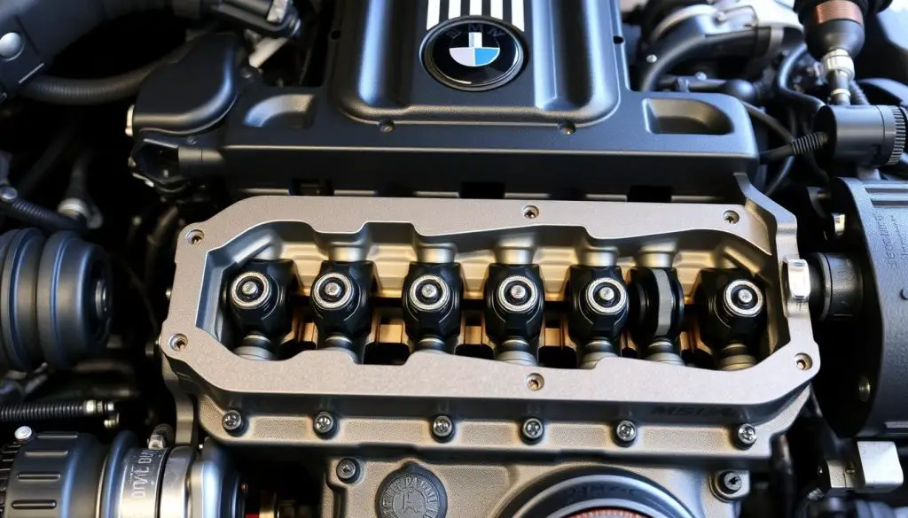 BMW N52 engine with valve cover removed showing cylinder head
