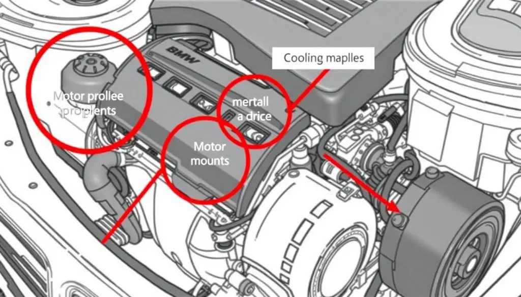 BMW X1 engine with highlighted problem areas - BMW X1 Years to Avoid BMW X1 engine with highlighted problem areas - BMW X1 Years to Avoid