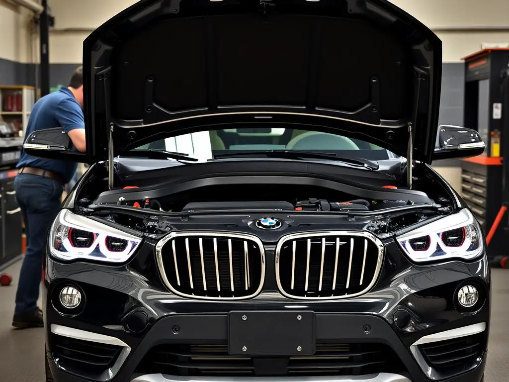 BMW X1 with hood open showing engine problems - BMW X1 Years to Avoid BMW X1 with hood open showing engine problems - BMW X1 Years to Avoid