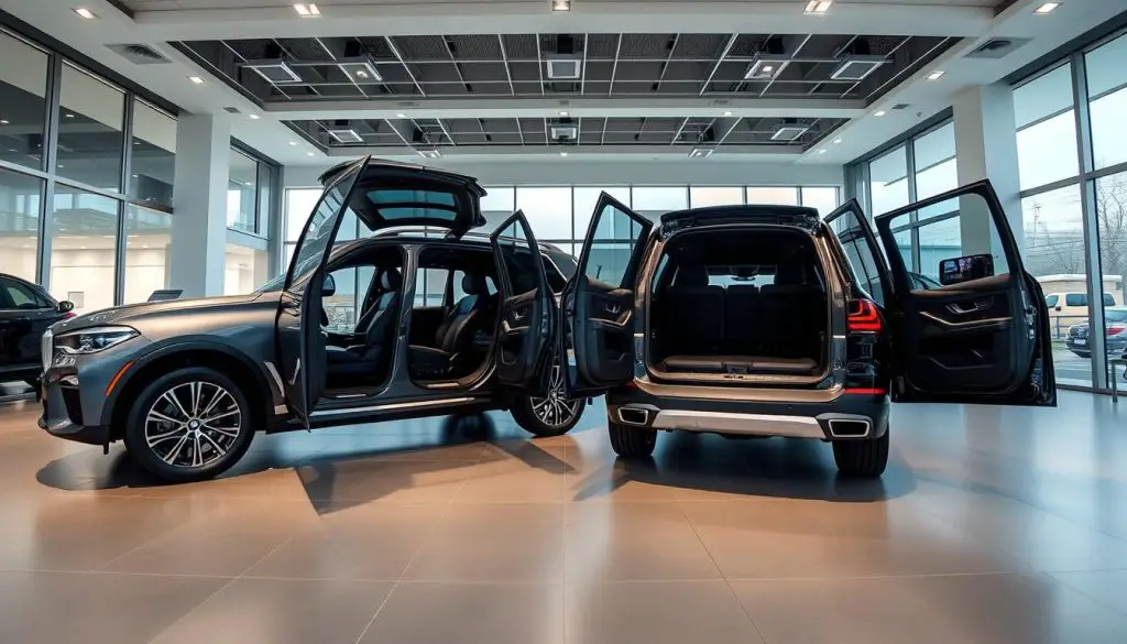BMW X7 and X5 models with three rows of seating in showroom