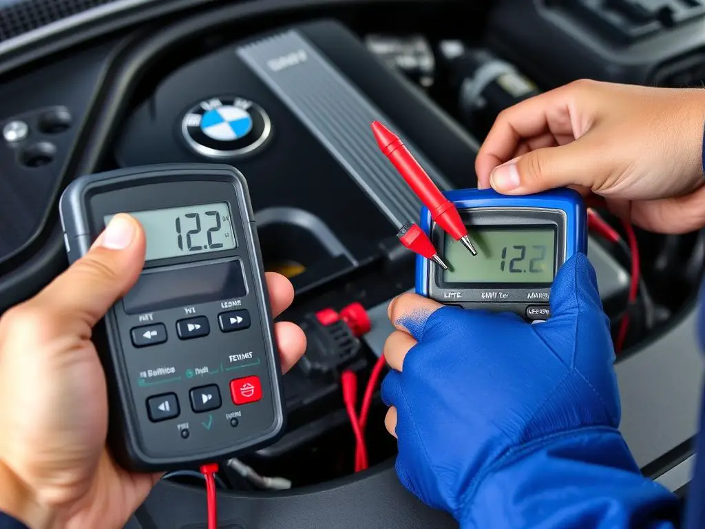 BMW battery being tested with a multimeter showing low voltage BMW battery being tested with a multimeter showing low voltage