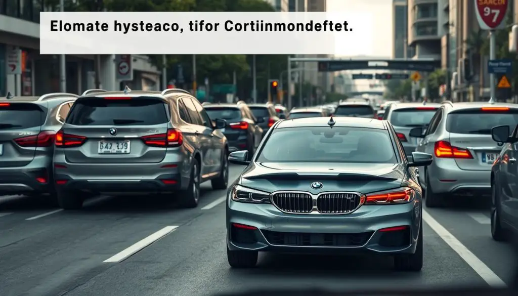 BMW being driven in city traffic representing short-distance driving BMW being driven in city traffic representing short-distance driving