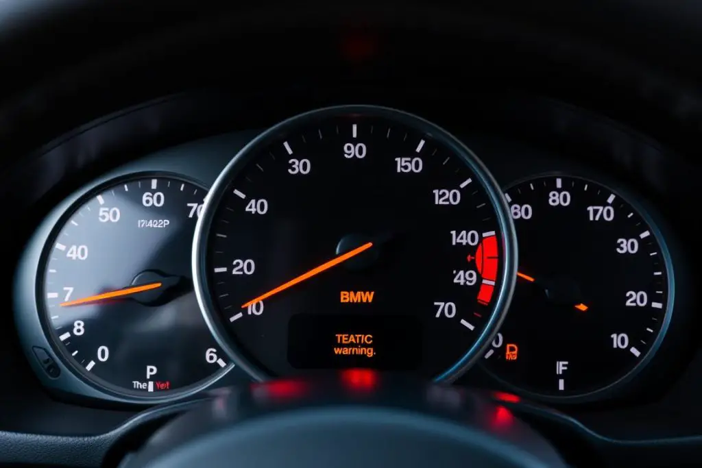 BMW dashboard showing overheating warning light BMW dashboard showing overheating warning light