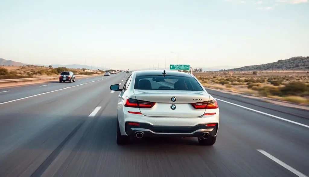 BMW driving on a highway for battery recharging BMW driving on a highway for battery recharging