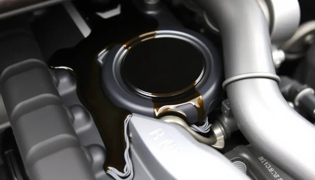 BMW engine with visible oil leak from valve cover gasket area BMW engine with visible oil leak from valve cover gasket area