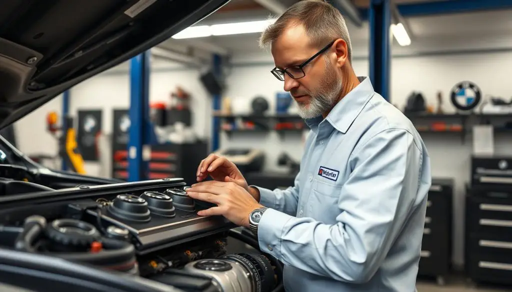 BMW mechanic at independent shop working on valve cover replacement