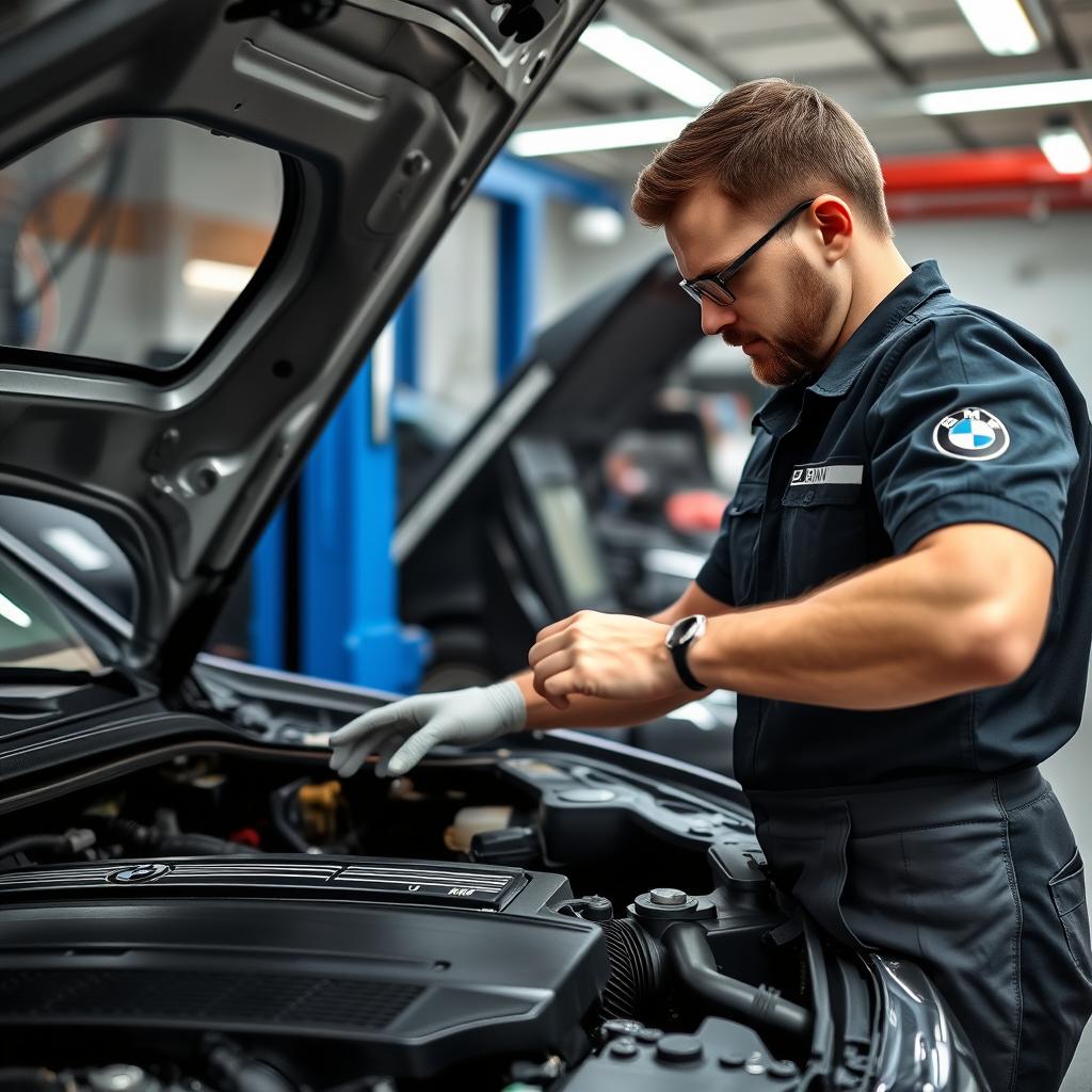 BMW mechanic inspecting engine components BMW mechanic inspecting engine components