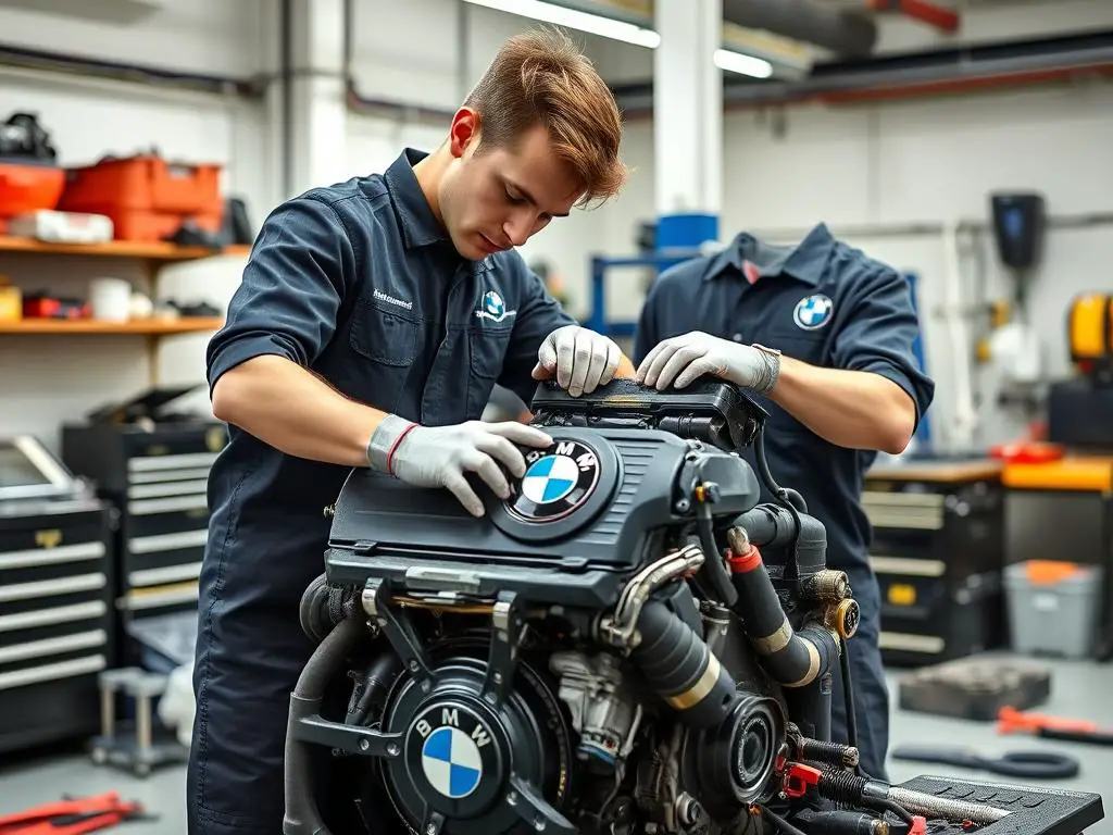 BMW mechanic replacing head gasket on a BMW engine BMW mechanic replacing head gasket on a BMW engine