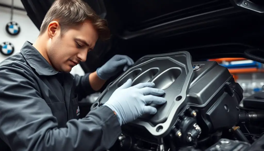 BMW mechanic replacing valve cover gasket on a BMW engine BMW mechanic replacing valve cover gasket on a BMW engine