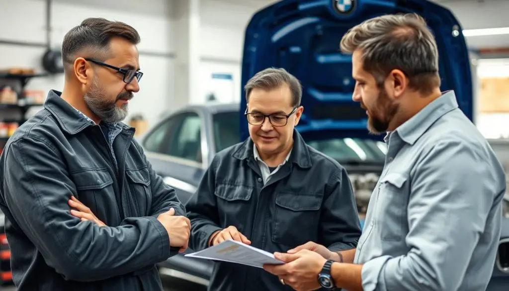 BMW owner discussing repair options with mechanic BMW owner discussing repair options with mechanic