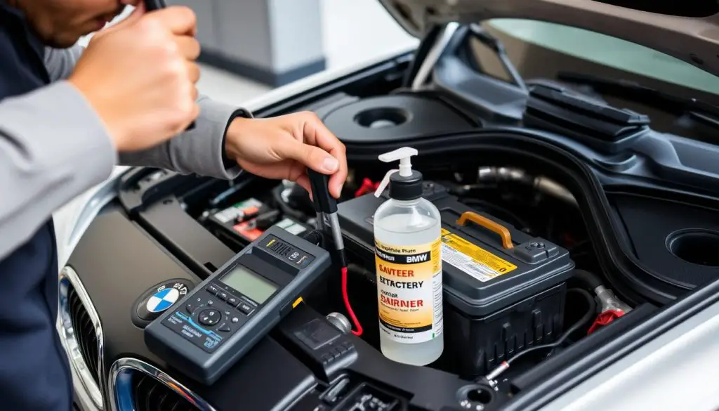 BMW owner performing regular battery maintenance with proper tools BMW owner performing regular battery maintenance with proper tools