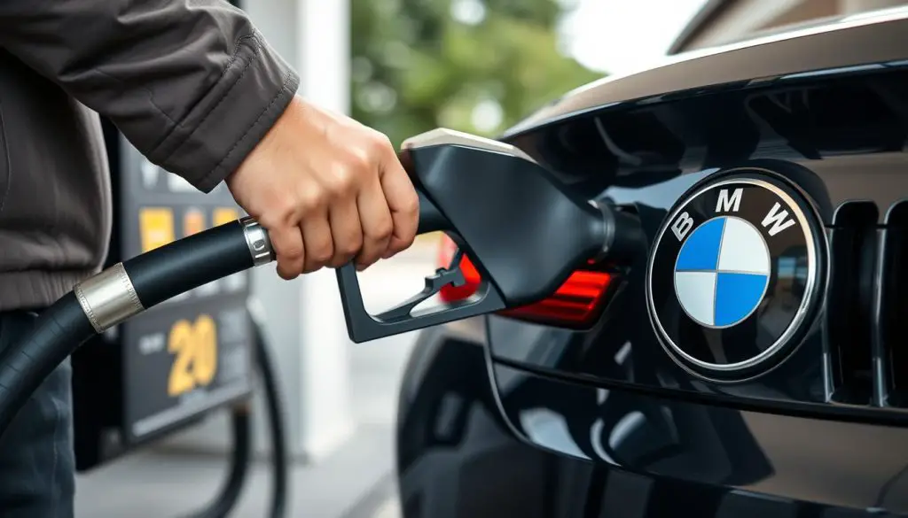 BMW owner refueling with premium gas at a station BMW owner refueling with premium gas at a station