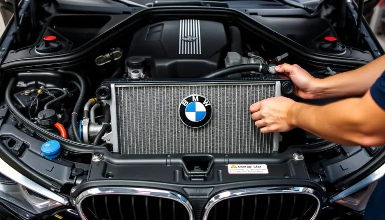 BMW radiator replacement being performed by mechanic showing the cooling system components