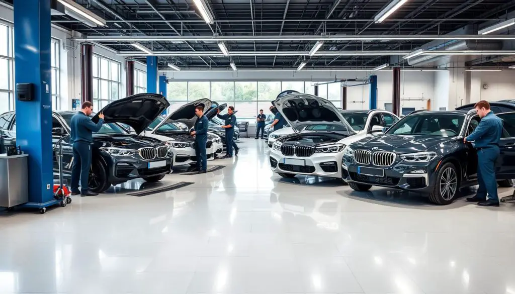 BMW service center with technicians working on multiple vehicles BMW service center with technicians working on multiple vehicles