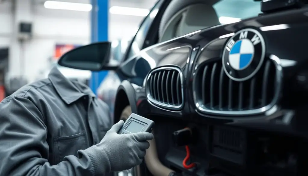 BMW technician diagnosing electrical system with diagnostic equipment BMW technician diagnosing electrical system with diagnostic equipment