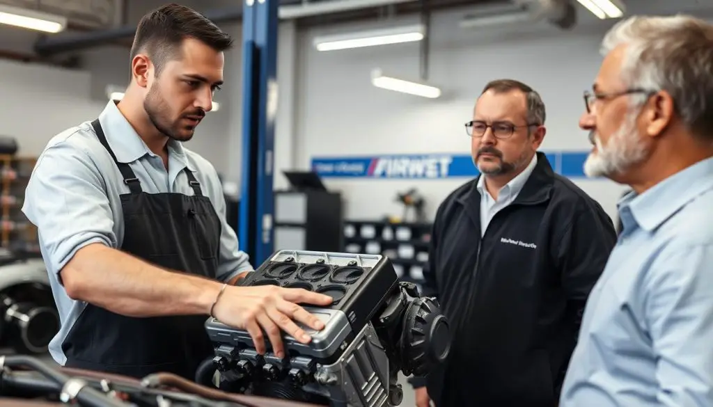 BMW technician explaining valve cover gasket replacement to customer BMW technician explaining valve cover gasket replacement to customer