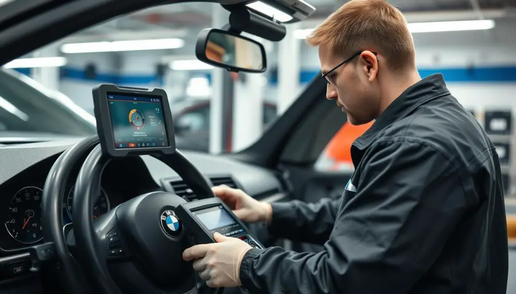 BMW technician performing diagnostic test on vehicle electrical system BMW technician performing diagnostic test on vehicle electrical system