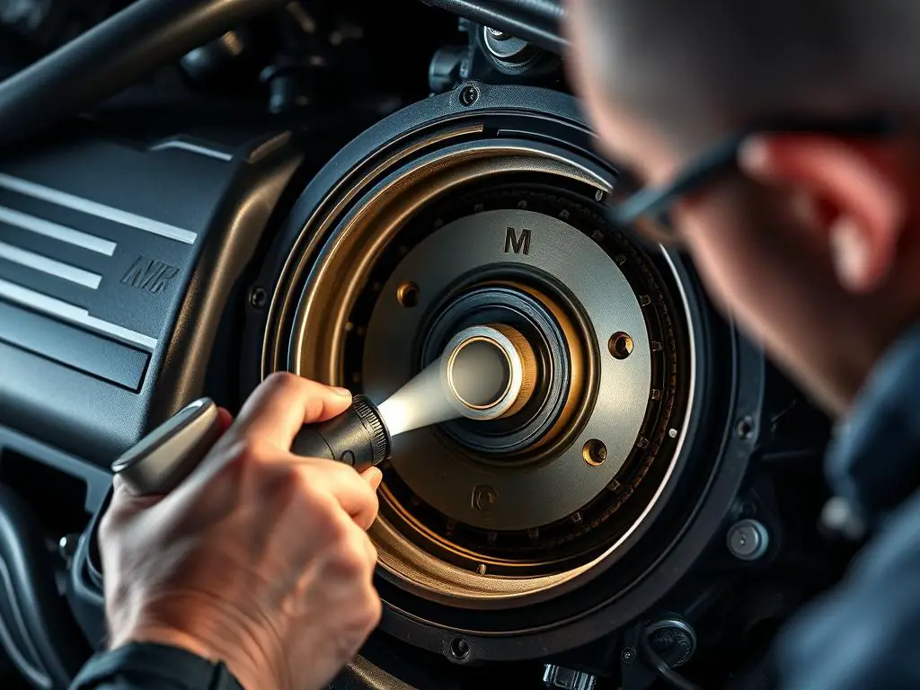 BMW technician performing timing chain inspection through oil fill opening BMW technician performing timing chain inspection through oil fill opening