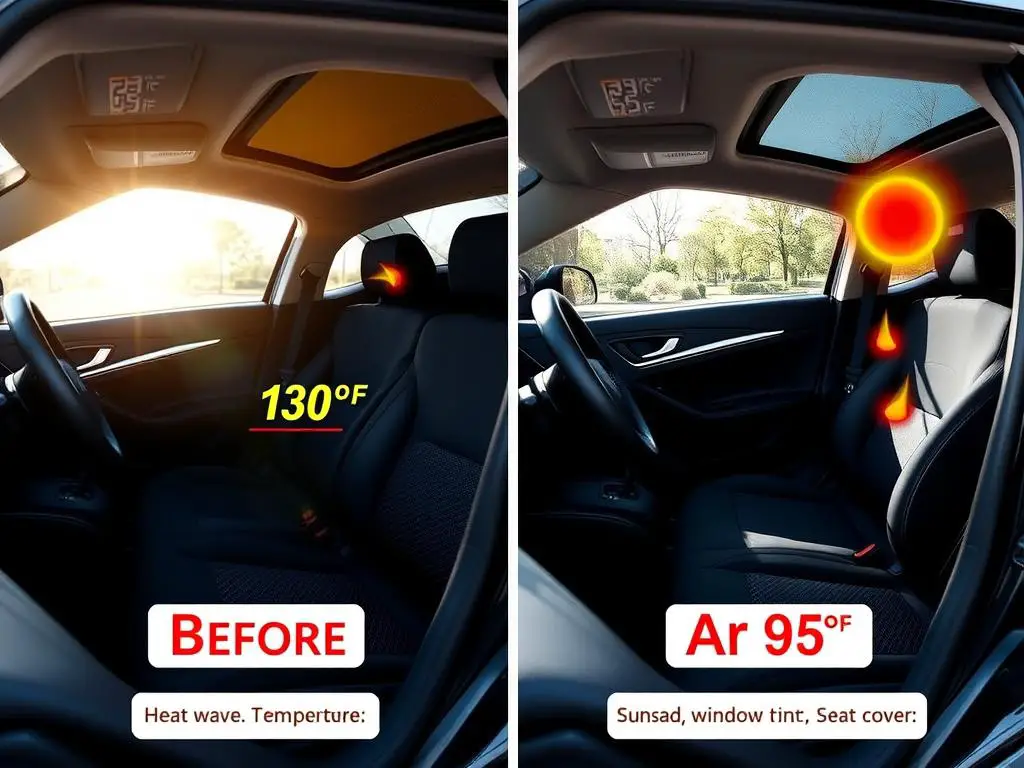 Before and after comparison of implementing heat reduction methods in a black car Before and after comparison of implementing heat reduction methods in a black car